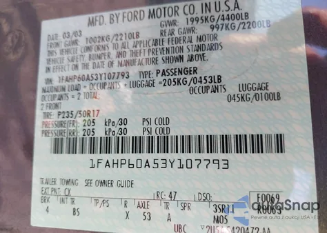 2003 Ford Thunderbird из США, поврежденный, VIN 1FAHP60A53Y107793